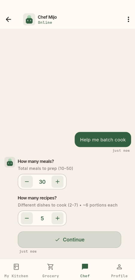 Chef Mijo batch cook setup — choosing how many meals and recipes to prep for the freezer