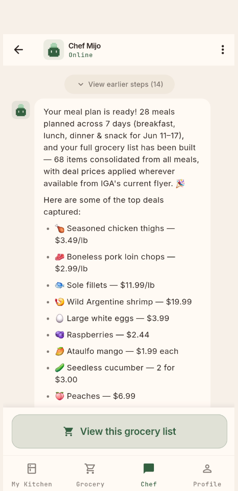 Chef Mijo chat summarizing a meal plan built from this week's grocery deals