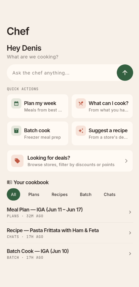 Ecomeals chef screen with quick actions: plan my week, batch cook, suggest a recipe