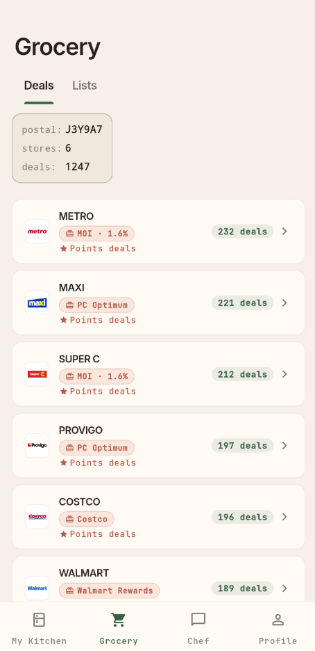 Deals tab listing nearby grocery stores with deal counts and loyalty programs