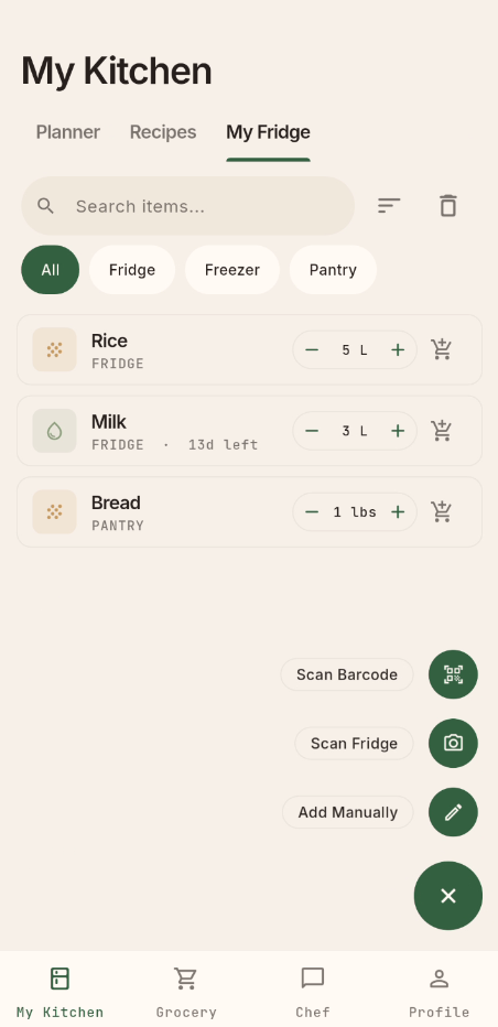 My Fridge inventory listing rice, milk and bread with quantities, plus scan fridge and scan barcode options