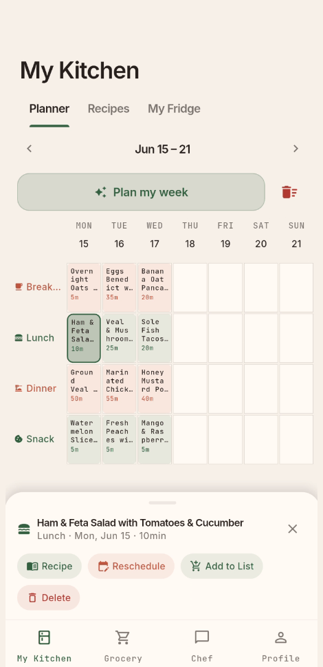 Weekly meal planner with breakfast, lunch, dinner and snacks planned for the week
