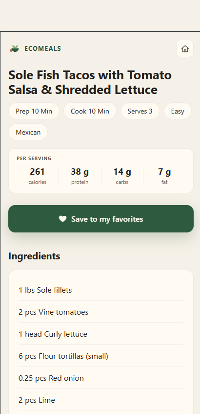 A shared Ecomeals recipe page — title, nutrition, save button and ingredients — opened in a browser with no login